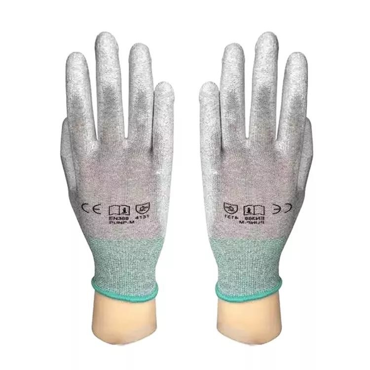 13 Gauge Rajutan Berjajar Sarung Tangan Dilapisi Pu ESD Antistatic Carbon Fiber Finger Pria Sarung Tangan Konstruksi